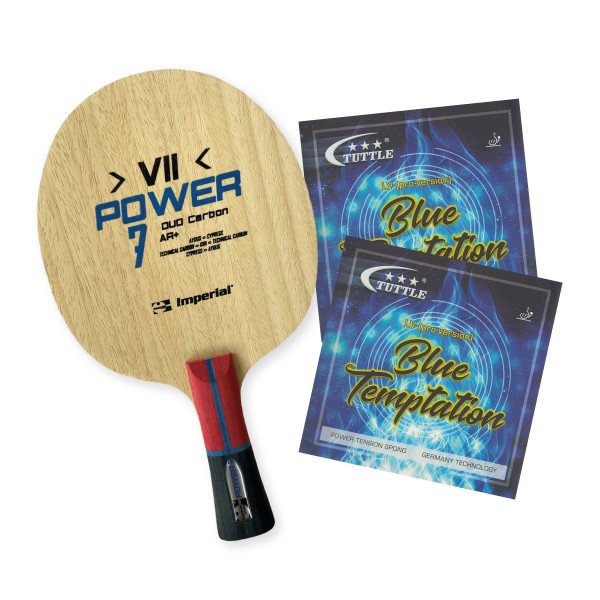 Kombiangebot Tischtennis - 1x Power 7 Dual Carbon Holz + 2x Blue Temptation Belag