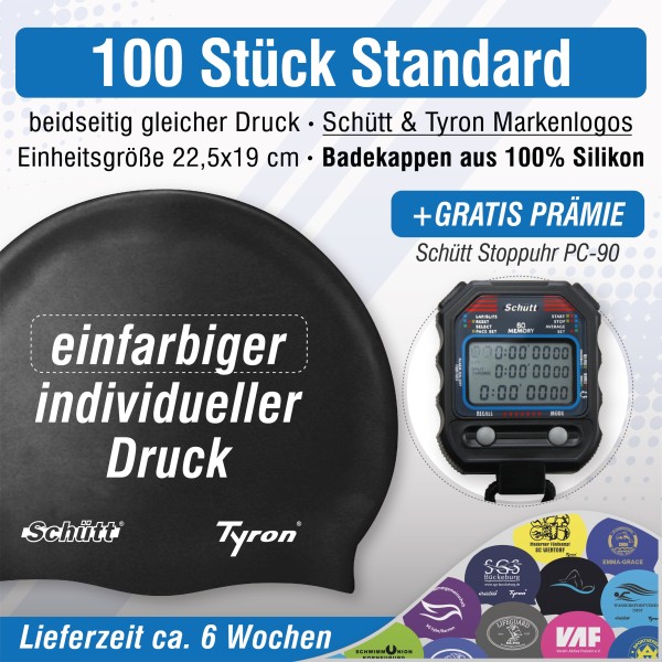 100 Badekappen - Standard Silikon - Einfarbiger beidseitiger Druck - Mit Schütt & Tyron Logos