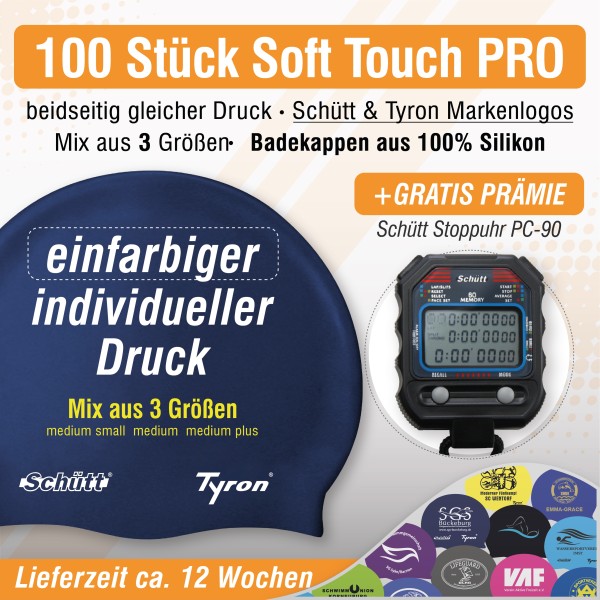 100 Badekappen - Soft Touch PRO - Einfarbiger beidseitiger Druck - Mit Schütt & tyron Logos