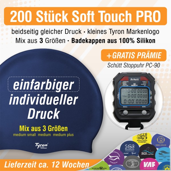 200 Badekappen - Soft Touch PRO - Einfarbiger beidseitiger Druck