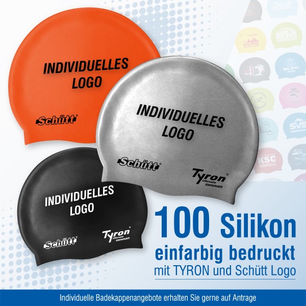 100 Silikon Badekappen mit individuellem Aufdruck (einfarbig, beidseitig gleich) mit Werbelogo